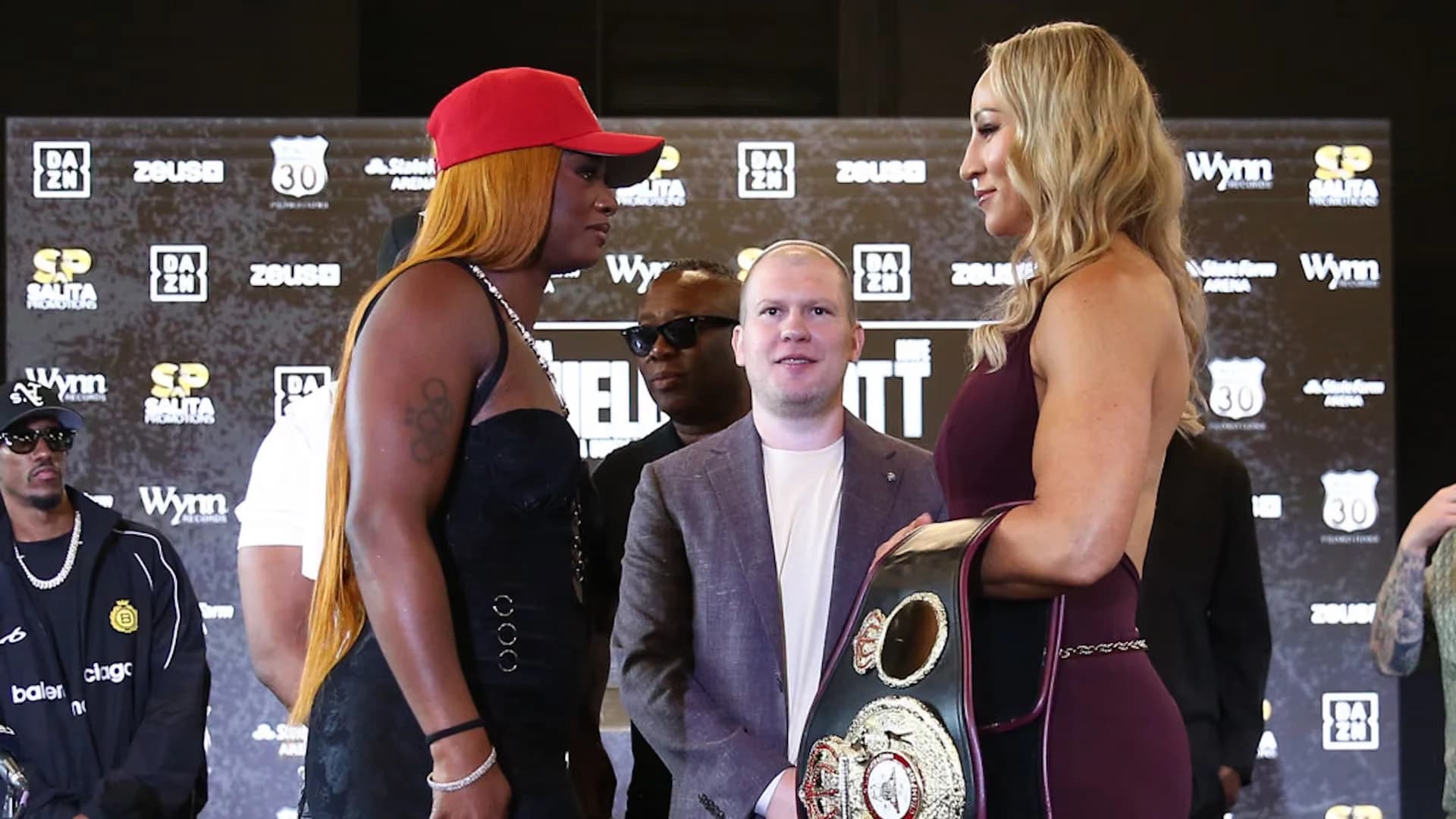 Claressa Shields and Kaye Scott face off at the Atlanta press conference ahead of their 15 August world championship bout